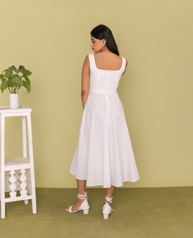White Cotton Square Neck Flared Midi Dress - Mileenia