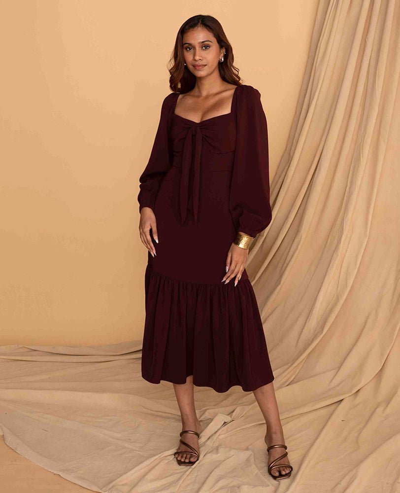 Wine Puff - Sleeve Midi Dress with Front Tie - Mileenia