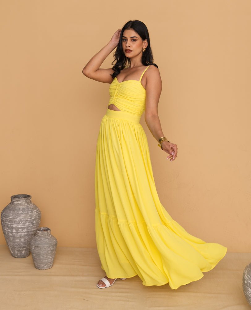 Yellow Cutout Maxi Dress with Spaghetti Straps - Mileenia
