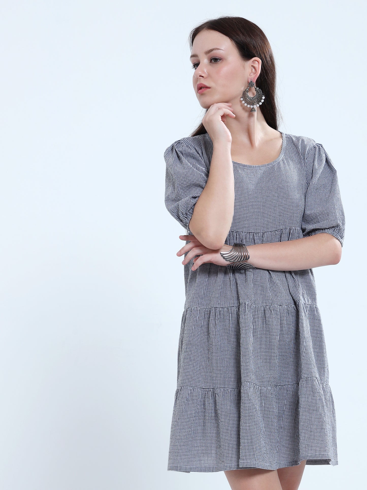Grey Denim Tiered Smock Dress
