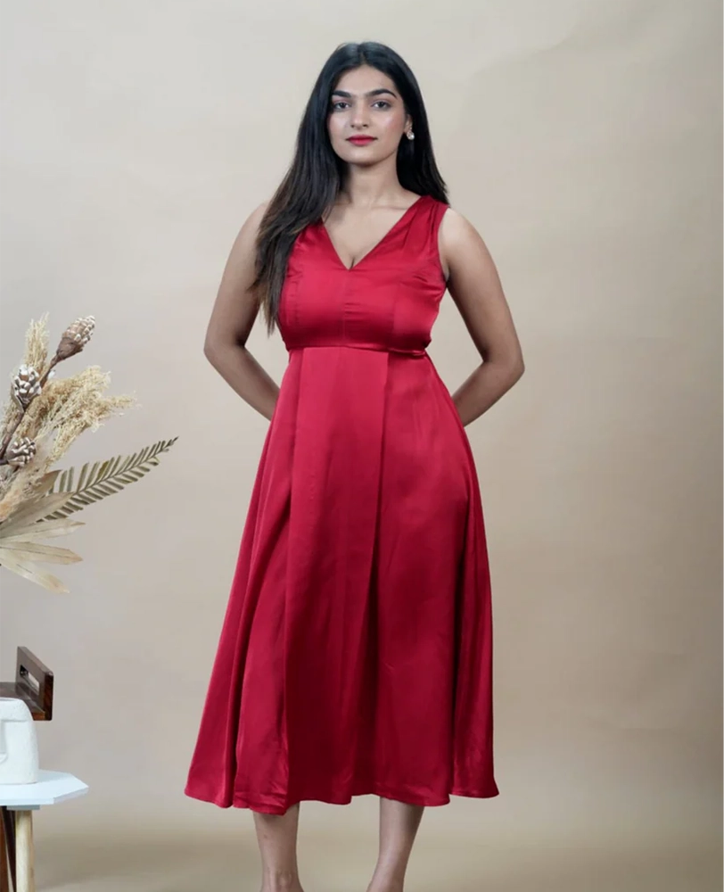 Solid Red Satin Sleeveless Dress