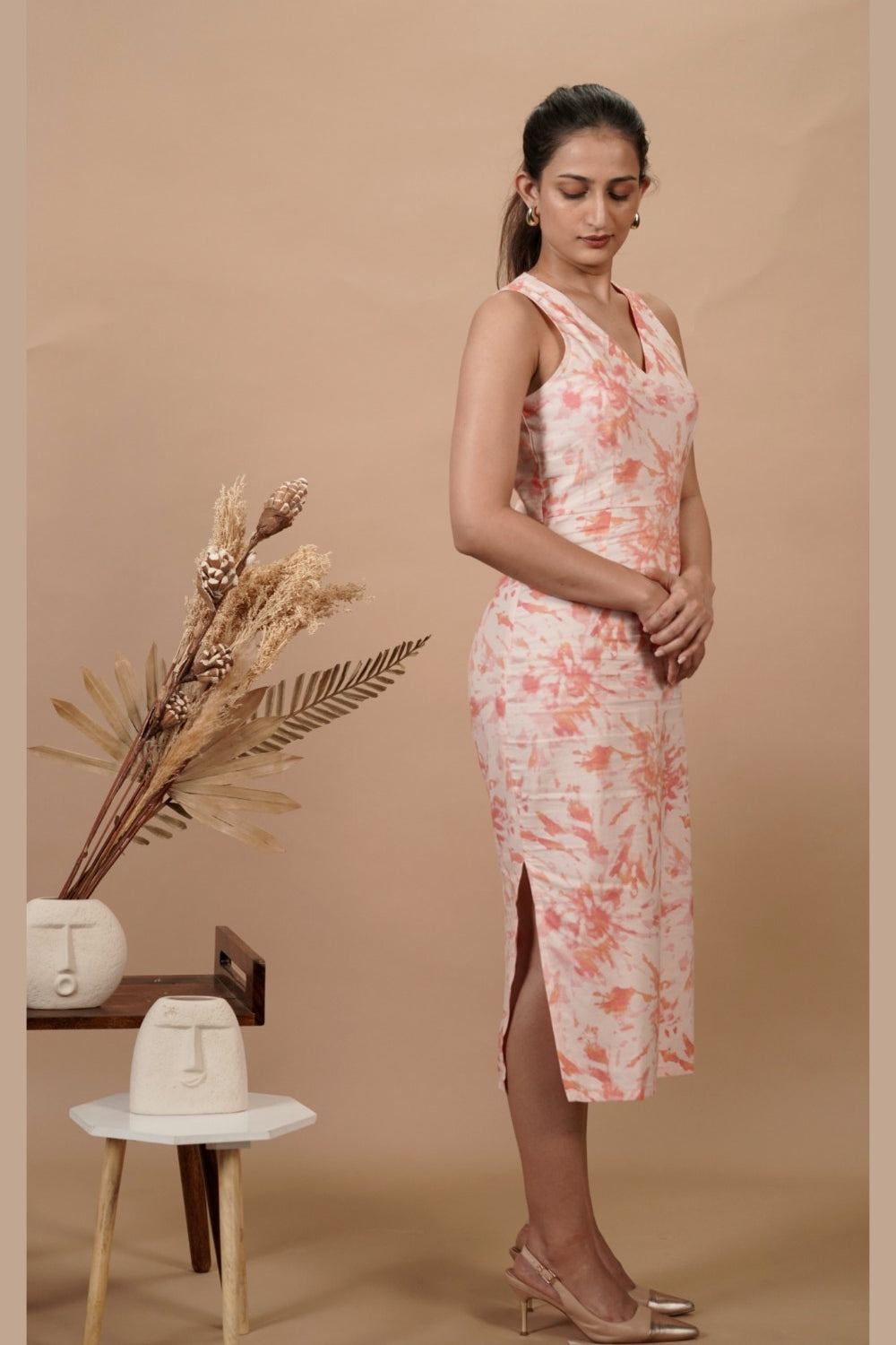 Cream & Pink Printed V Neck Fitted Dress