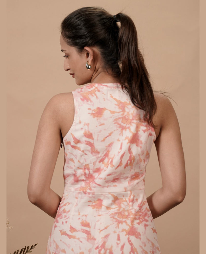 Cream & Pink Printed V Neck Fitted Dress