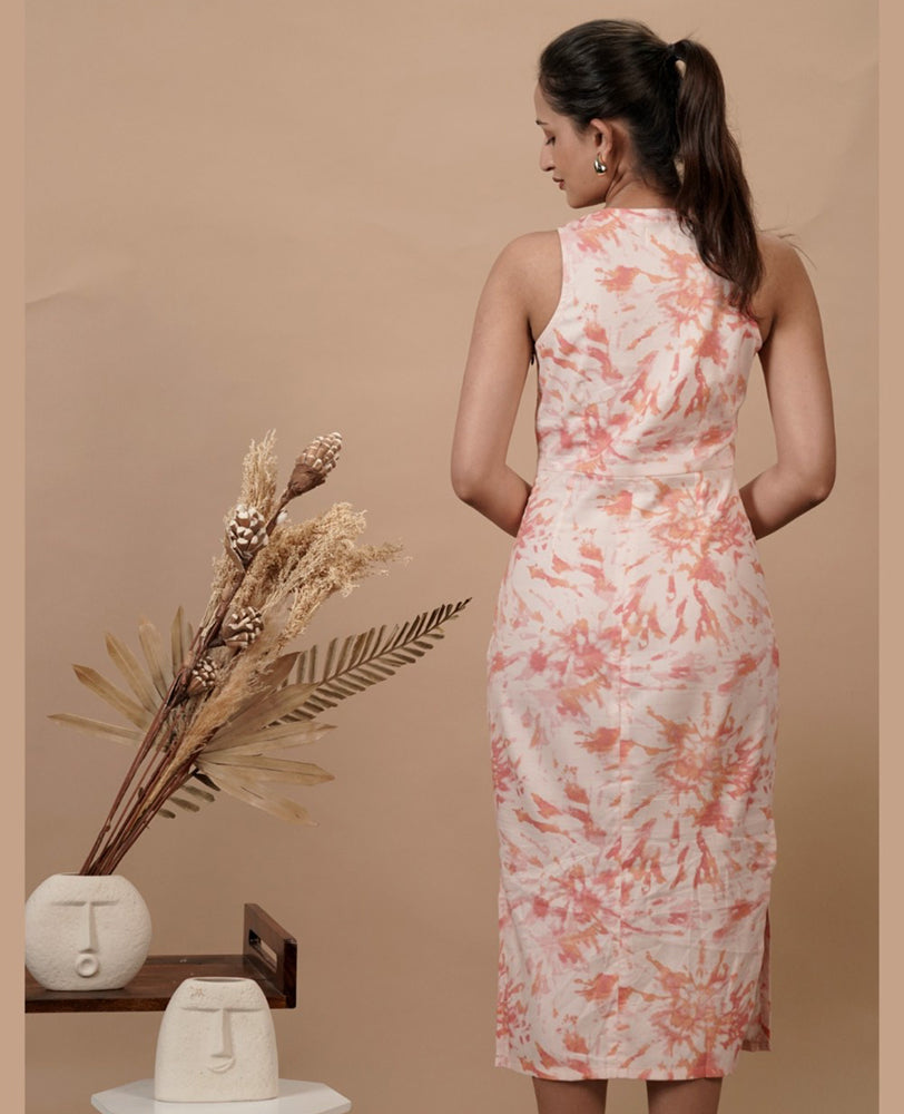 Cream & Pink Printed V Neck Fitted Dress