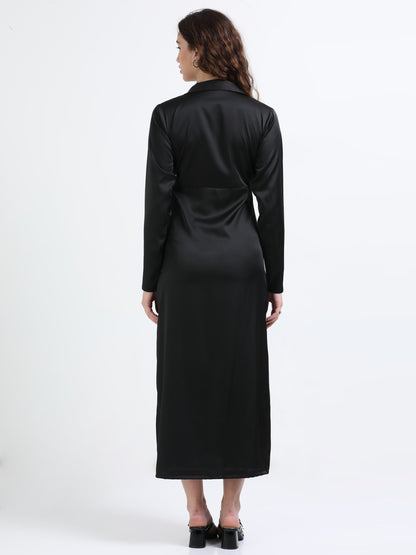 Mileenia Black Cotton Satin Collared Slit Maxi Dress