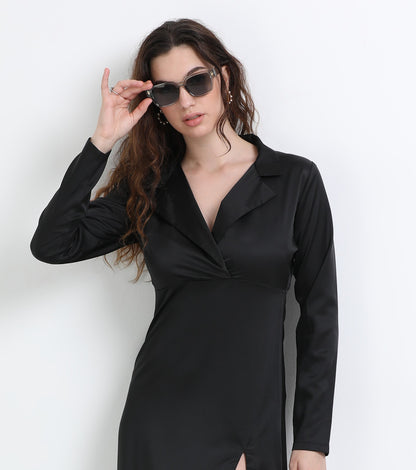 Mileenia Black Cotton Satin Collared Slit Maxi Dress