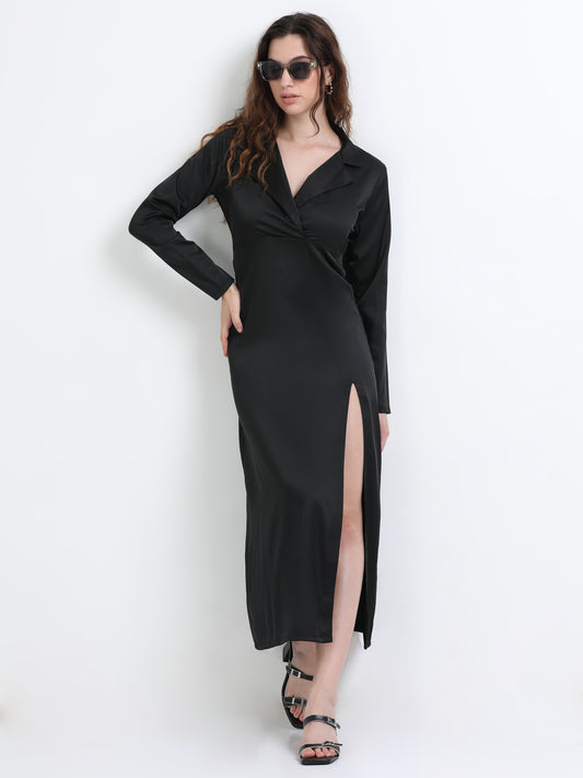 Mileenia Black Cotton Satin Collared Slit Maxi Dress