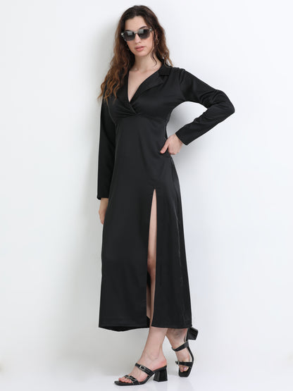 Mileenia Black Cotton Satin Collared Slit Maxi Dress