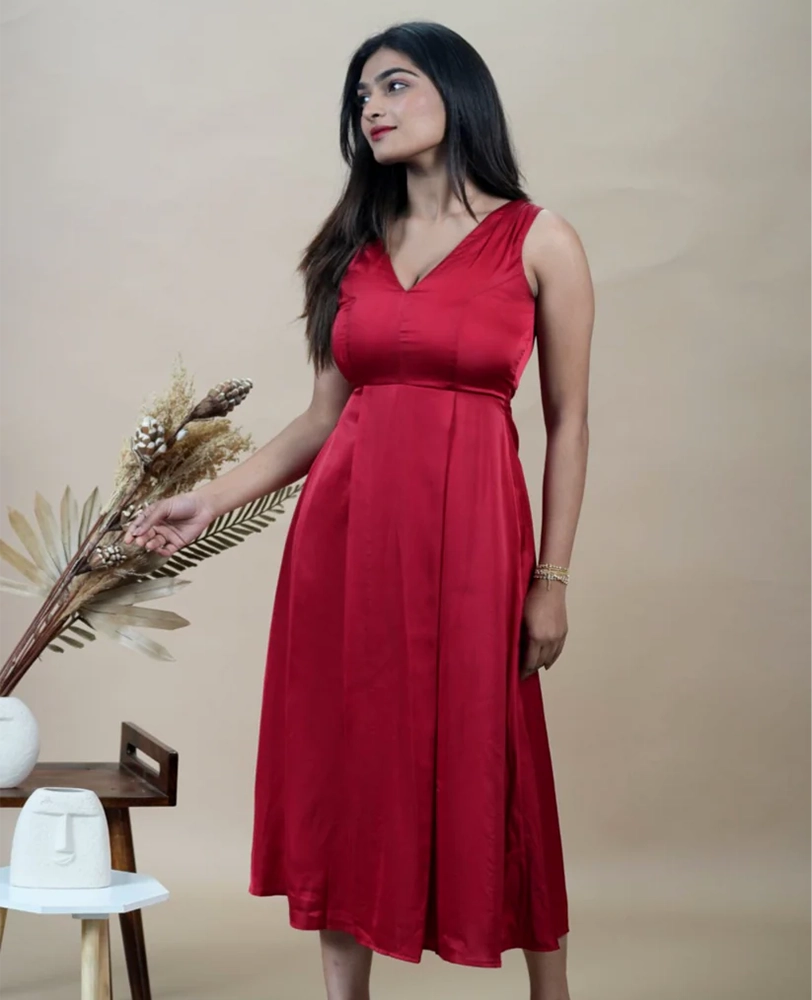 Solid Red Satin Sleeveless Dress