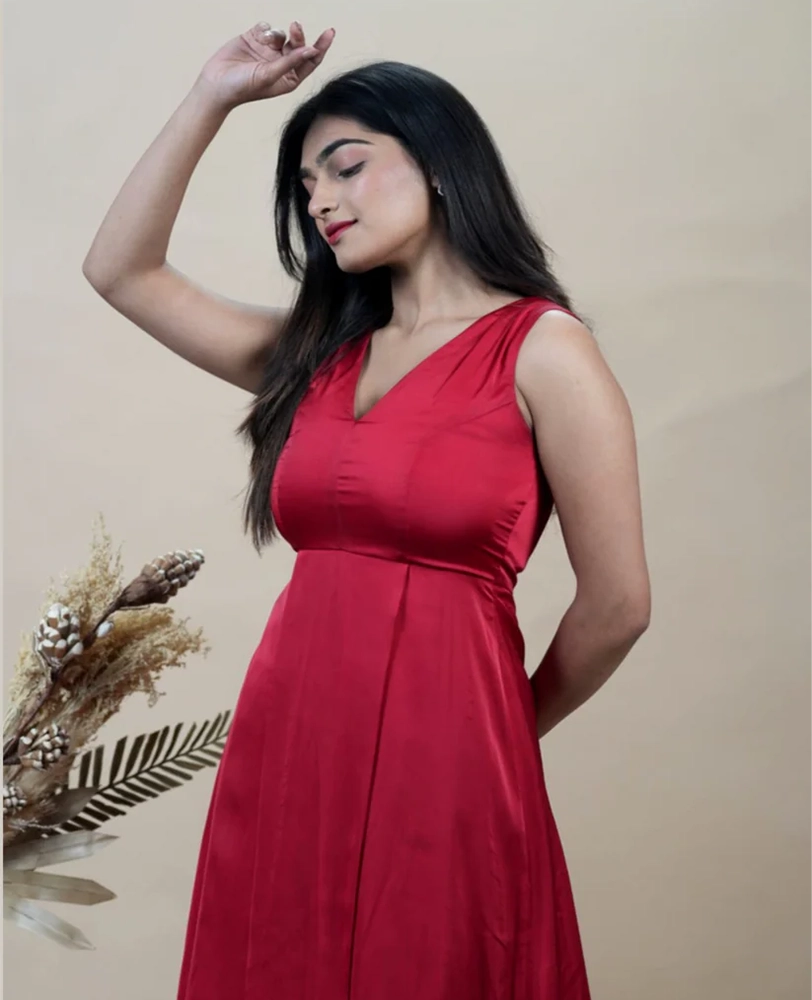 Solid Red Satin Sleeveless Dress