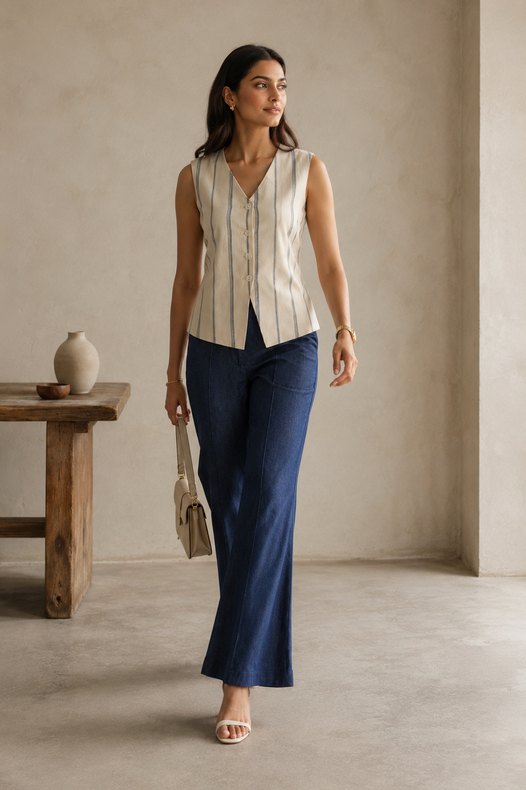Ivory Navy Stripe Sleeveless Tailored Waistcoat