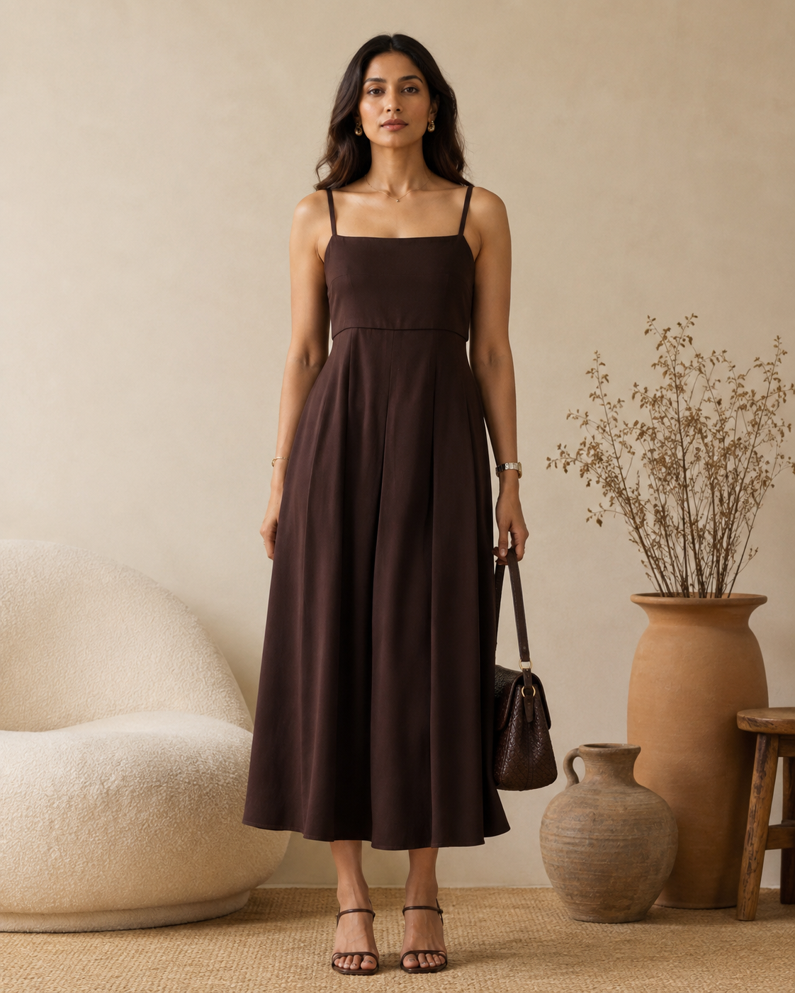Espresso Brown Satin Square Neck Pleated Midi Dress