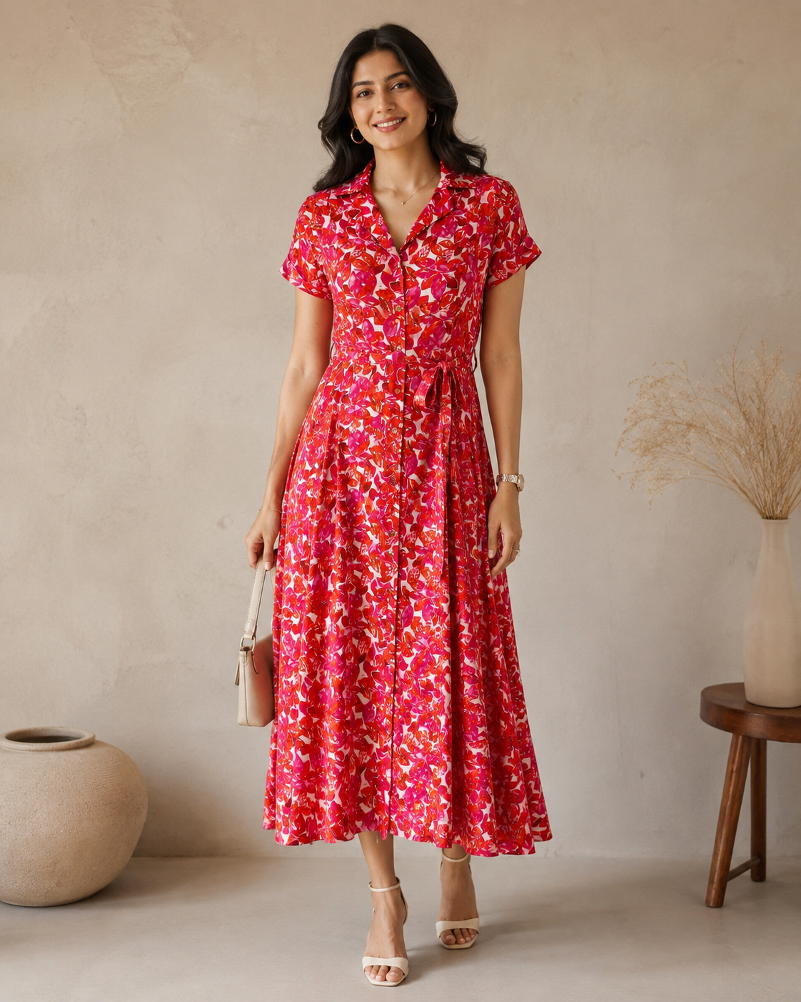 Red Floral Modal Satin Gathered Tie-Neck Flared Jumpsuit