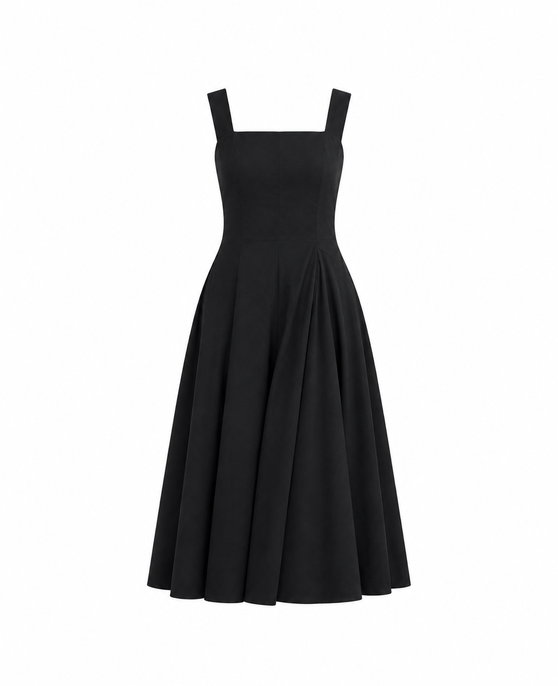 Black Cotton Square Neck Flared Midi Dress