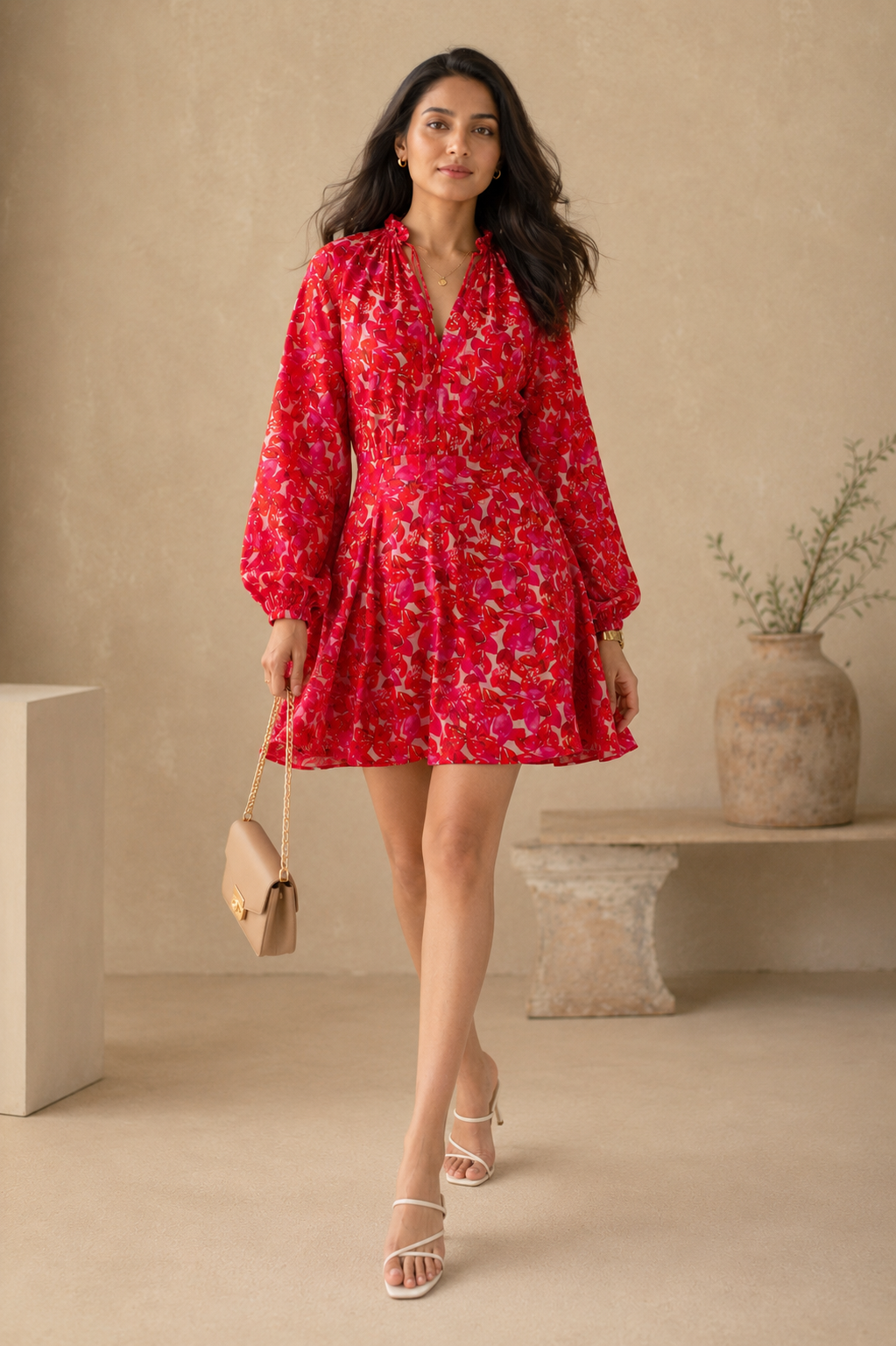 Pink Abstract Floral Bardot Neck Puff Sleeve Tiered Midi Dress