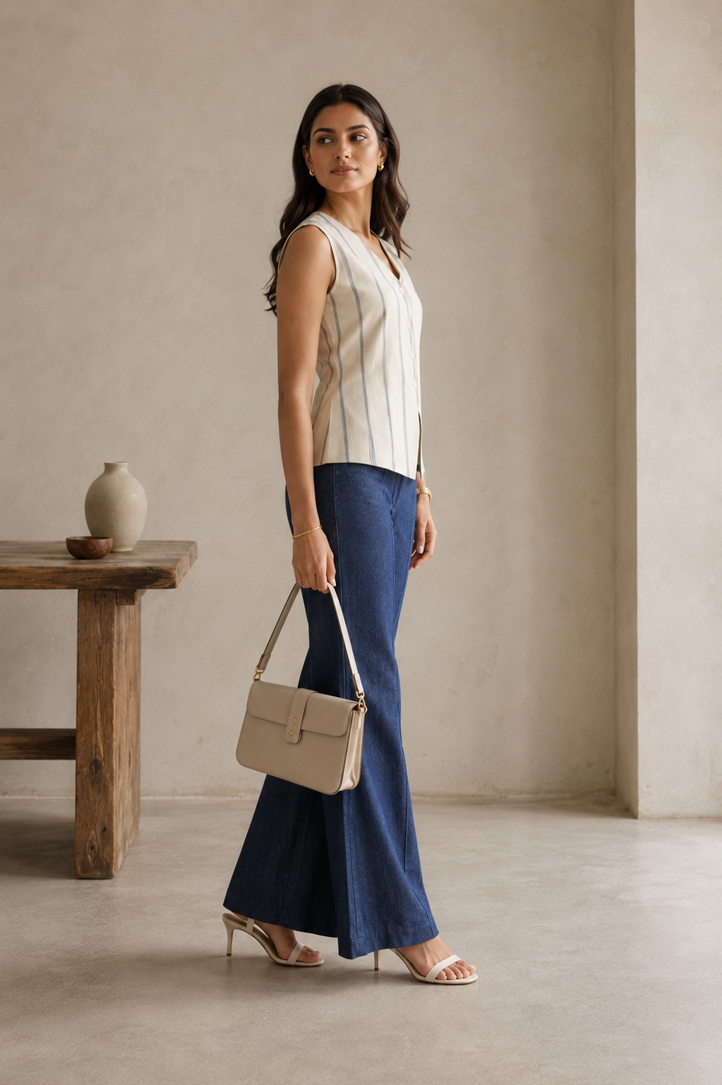 Ivory Navy Stripe Sleeveless Tailored Waistcoat