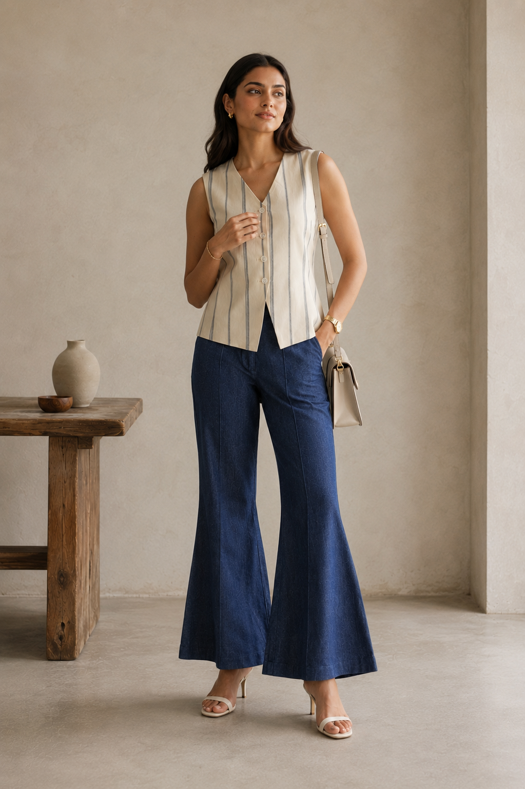 Ivory Navy Stripe Sleeveless Tailored Waistcoat
