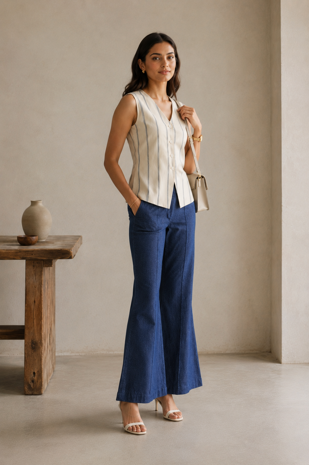 Ivory Navy Stripe Sleeveless Tailored Waistcoat