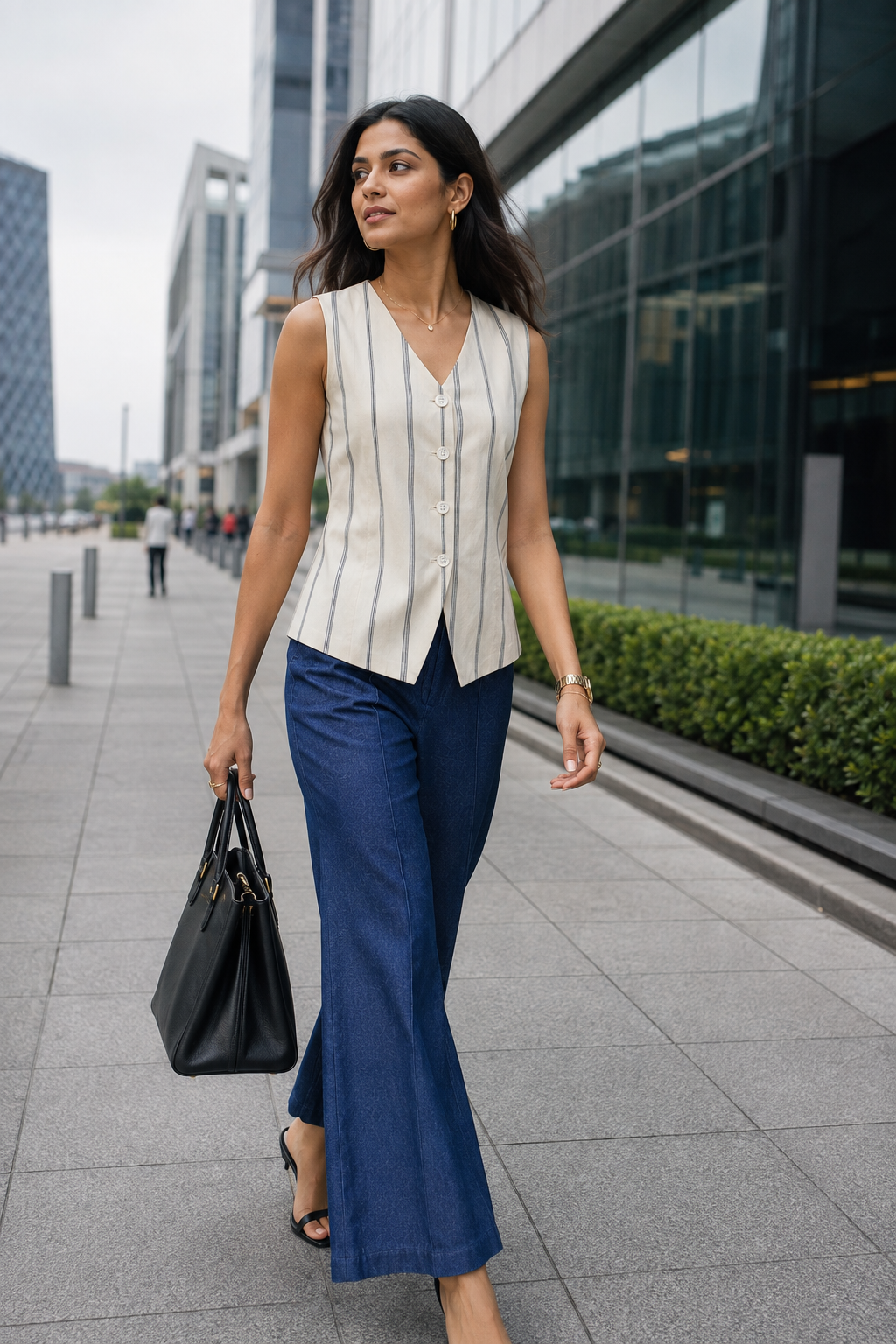 Ivory Navy Stripe Sleeveless Tailored Waistcoat