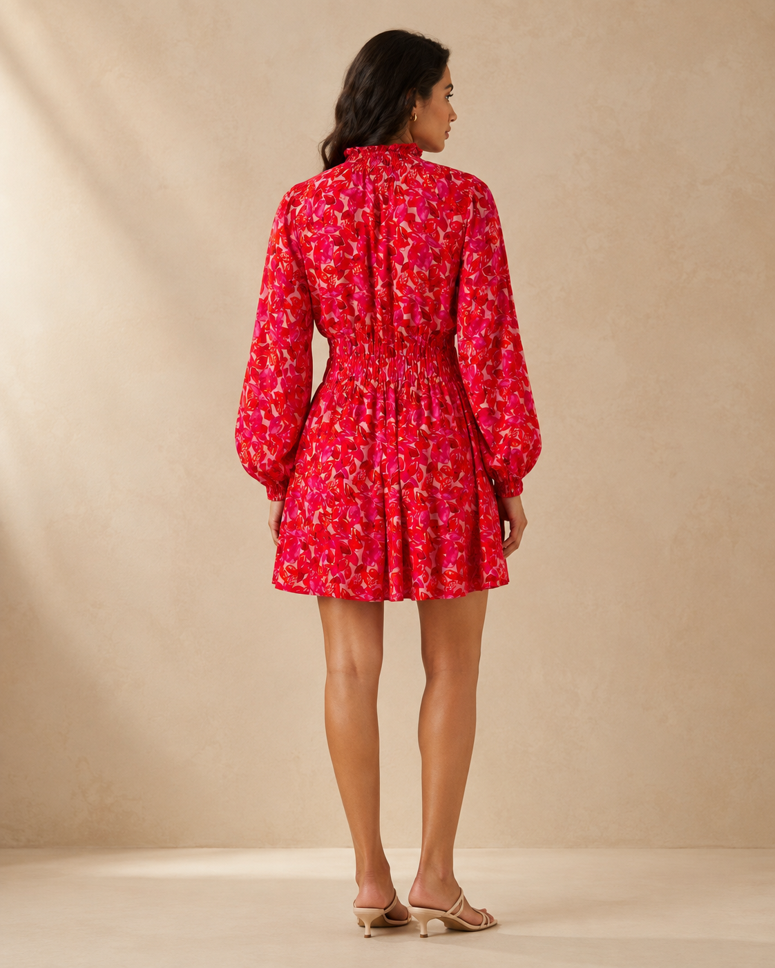 Pink Abstract Floral Bardot Neck Puff Sleeve Tiered Midi Dress