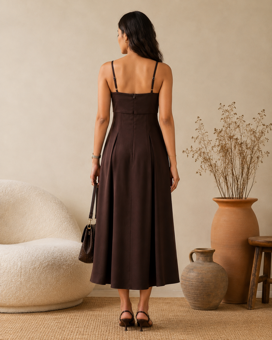 Espresso Brown Satin Square Neck Pleated Midi Dress