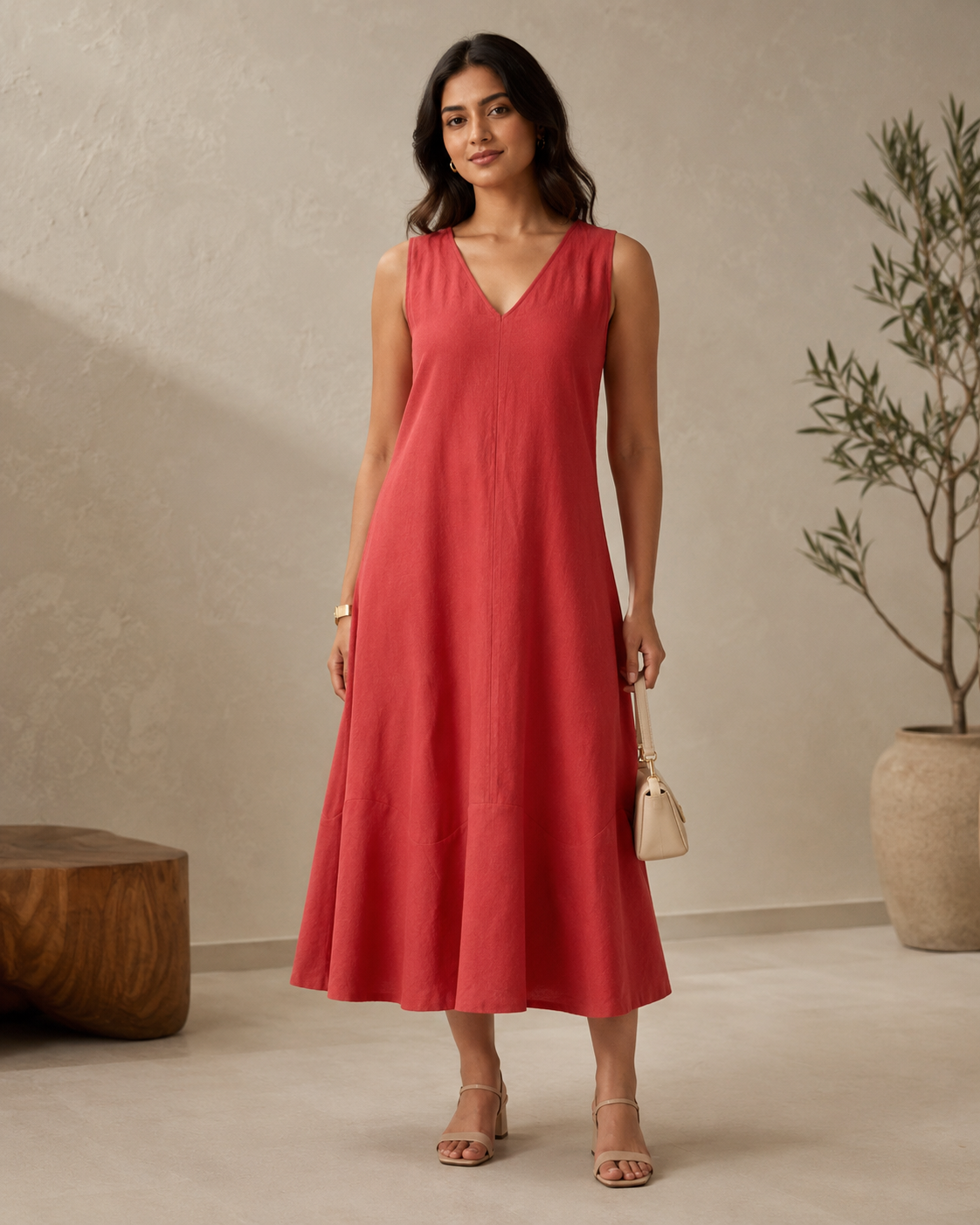 Red Floral Modal Satin Shirt Collar Belted Midi Dress