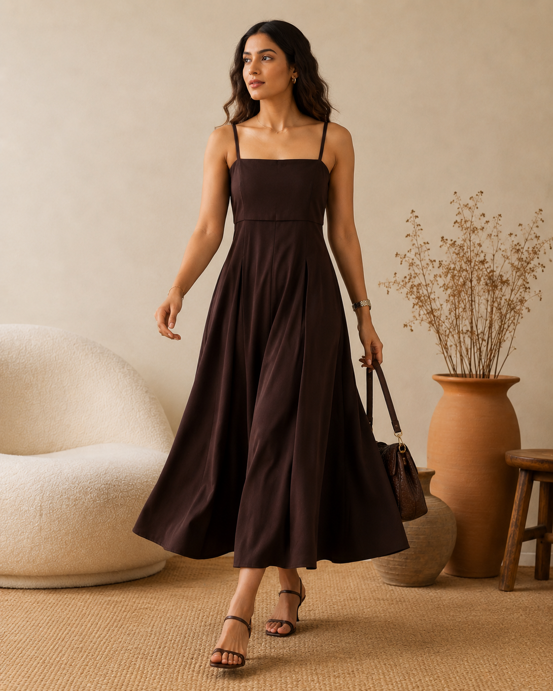 Espresso Brown Satin Square Neck Pleated Midi Dress