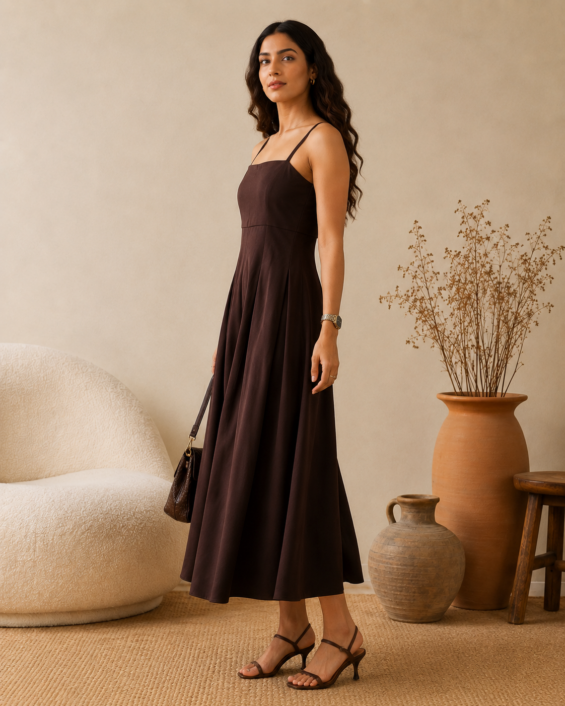 Espresso Brown Satin Square Neck Pleated Midi Dress