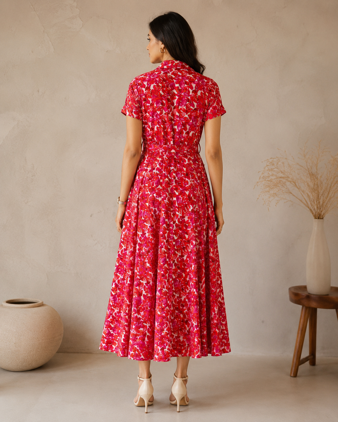 Red Floral Modal Satin Gathered Tie-Neck Flared Jumpsuit