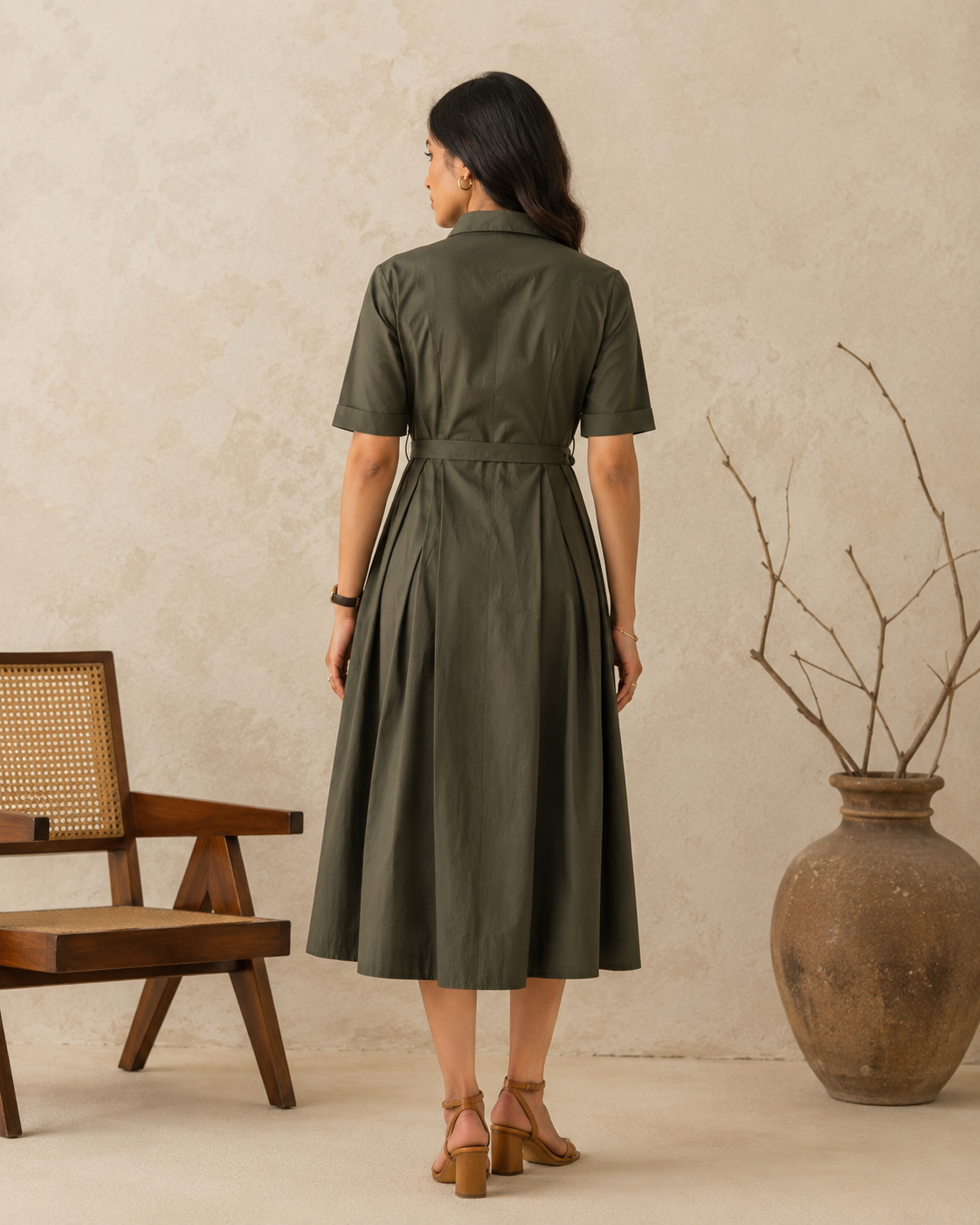 Forest Green Cotton Shirt Collar Belted Midi Dress