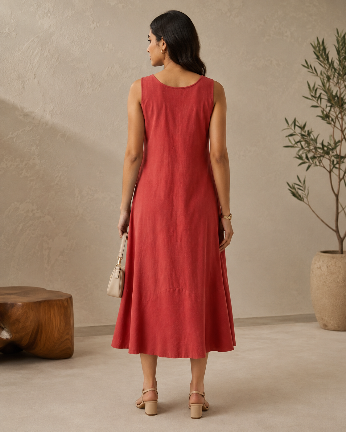 Red Floral Modal Satin Shirt Collar Belted Midi Dress