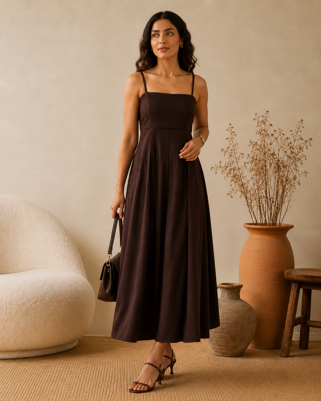 Espresso Brown Satin Square Neck Pleated Midi Dress