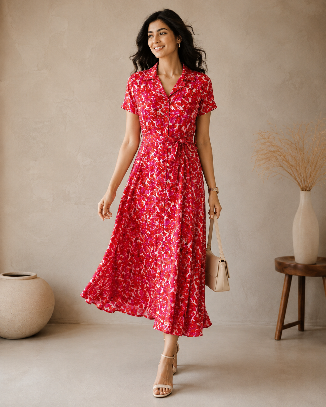 Red Floral Modal Satin Gathered Tie-Neck Flared Jumpsuit