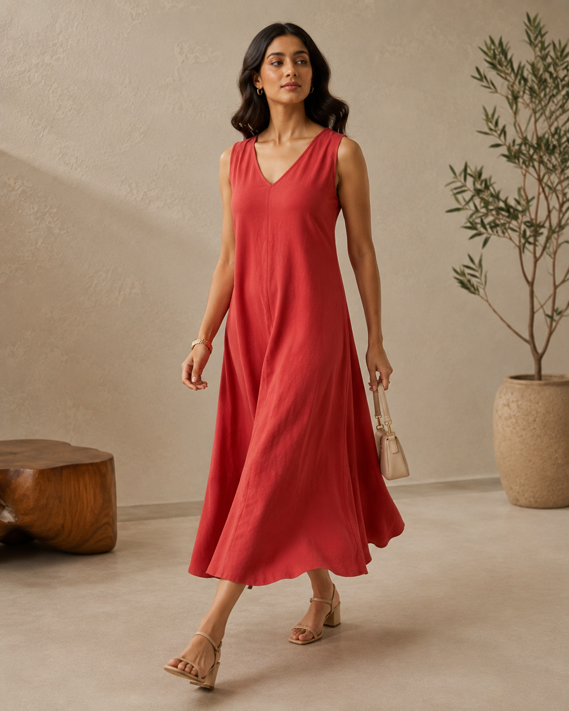 Red Floral Modal Satin Shirt Collar Belted Midi Dress