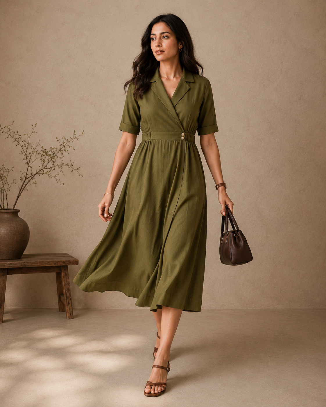 Olive Rayon Blazer-Style Double Button Midi Dress