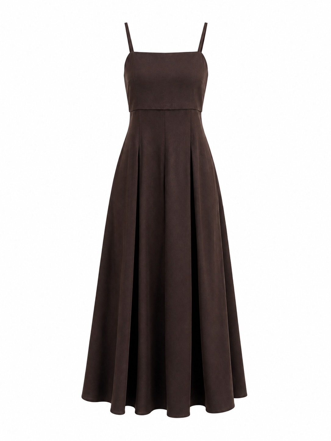 Espresso Brown Satin Square Neck Pleated Midi Dress