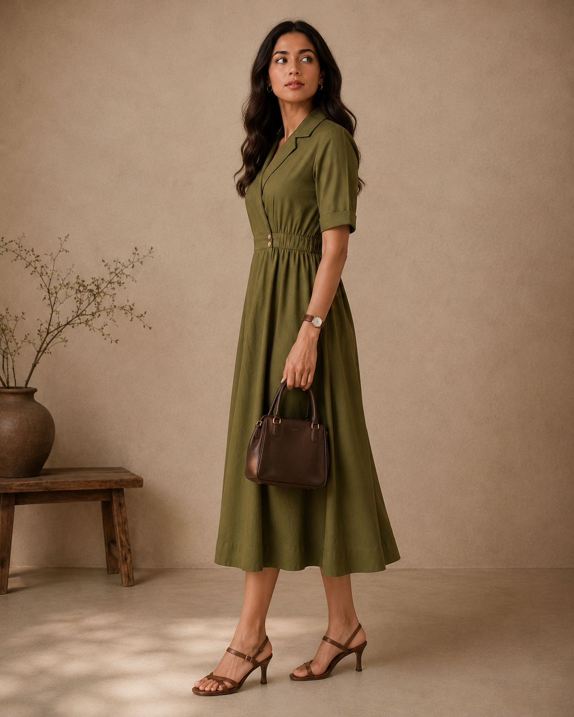 Olive Rayon Blazer-Style Double Button Midi Dress
