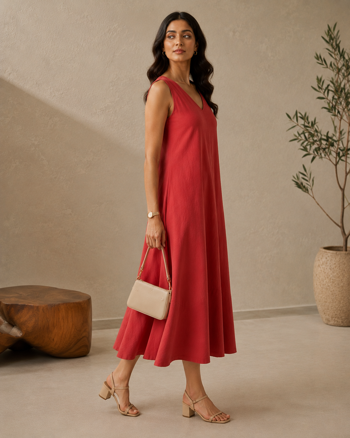 Red Floral Modal Satin Shirt Collar Belted Midi Dress