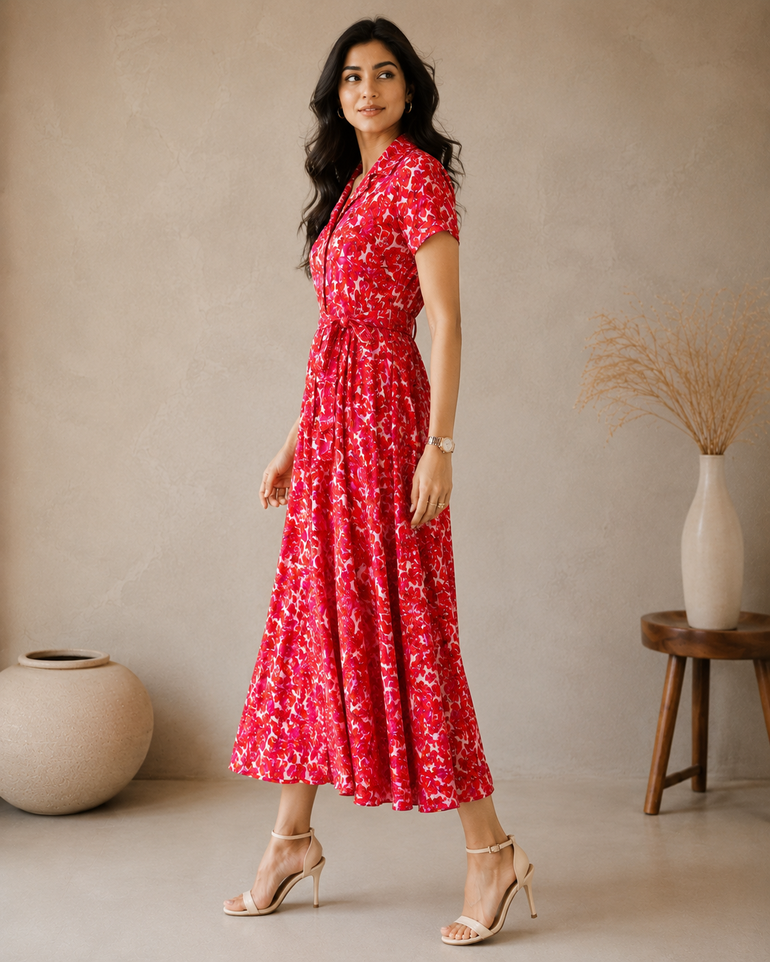 Red Floral Modal Satin Gathered Tie-Neck Flared Jumpsuit