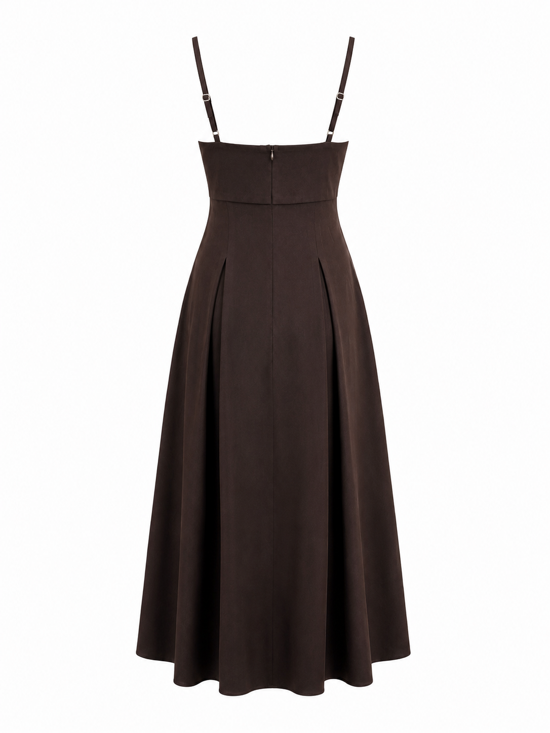 Espresso Brown Satin Square Neck Pleated Midi Dress