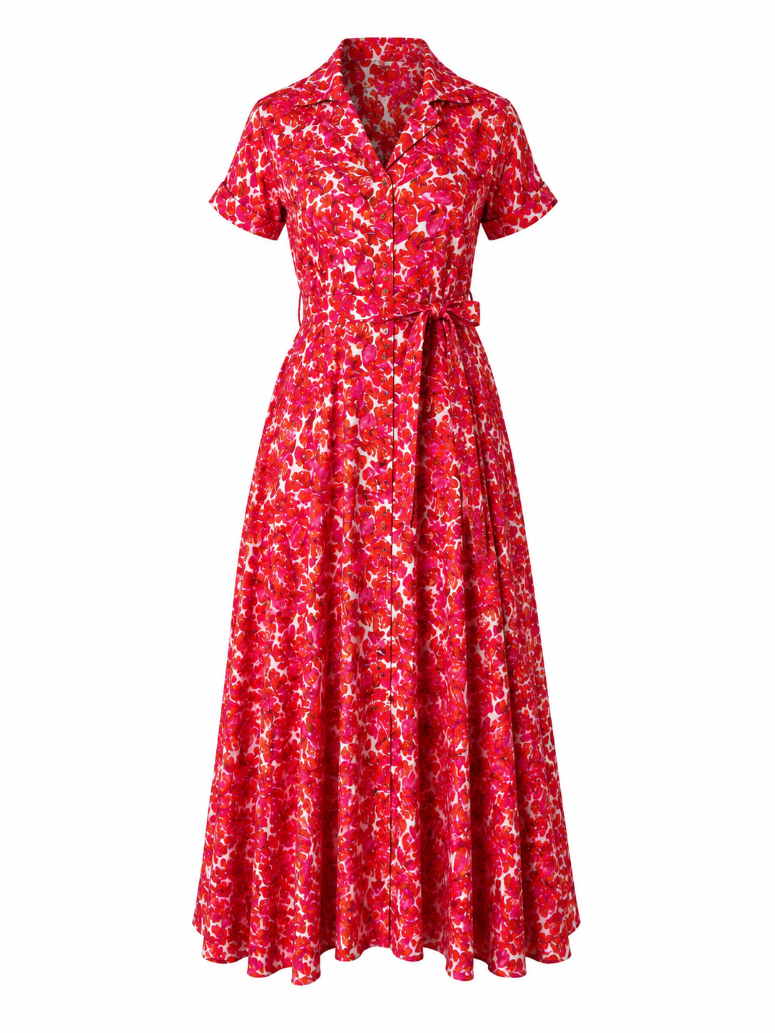 Red Floral Modal Satin Gathered Tie-Neck Flared Jumpsuit