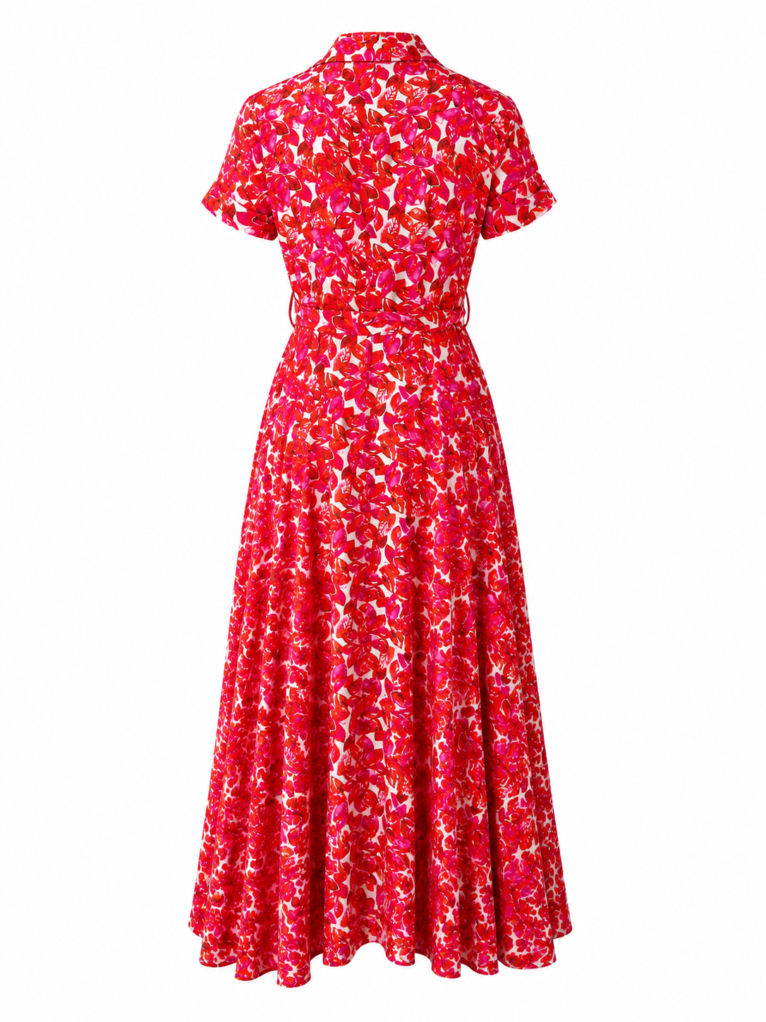 Red Floral Modal Satin Gathered Tie-Neck Flared Jumpsuit