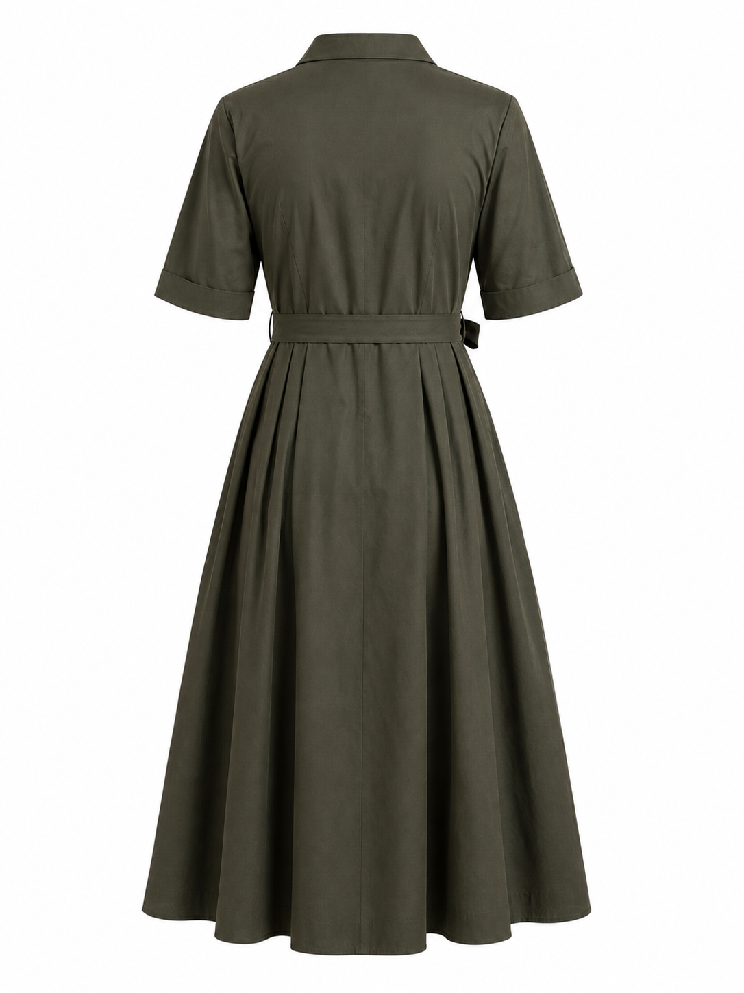 Forest Green Cotton Shirt Collar Belted Midi Dress