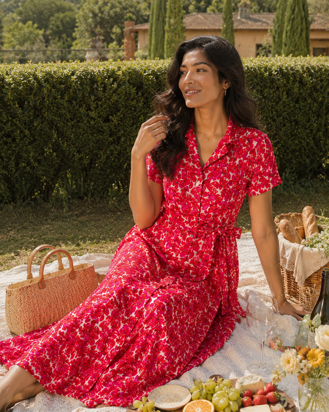 Red Floral Modal Satin Gathered Tie-Neck Flared Jumpsuit
