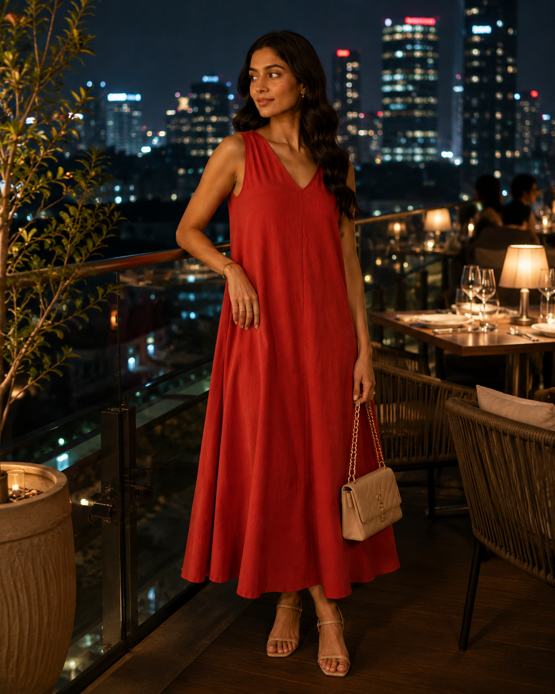 Red Floral Modal Satin Shirt Collar Belted Midi Dress