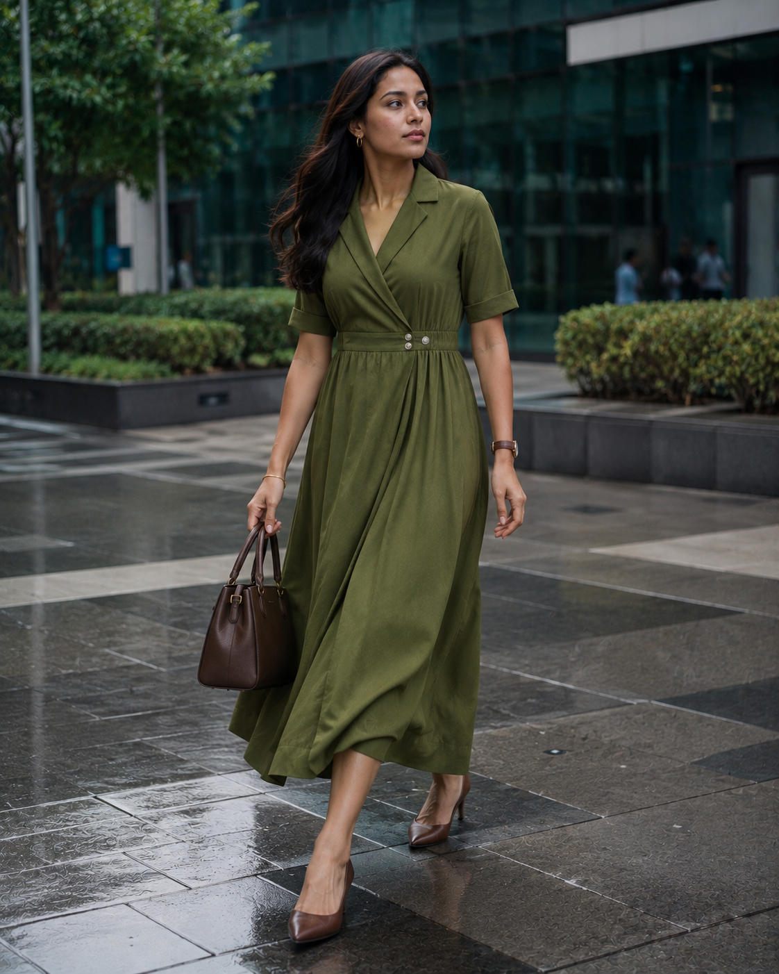 Olive Rayon Blazer-Style Double Button Midi Dress