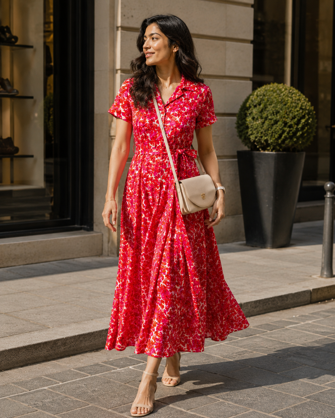 Red Floral Modal Satin Gathered Tie-Neck Flared Jumpsuit