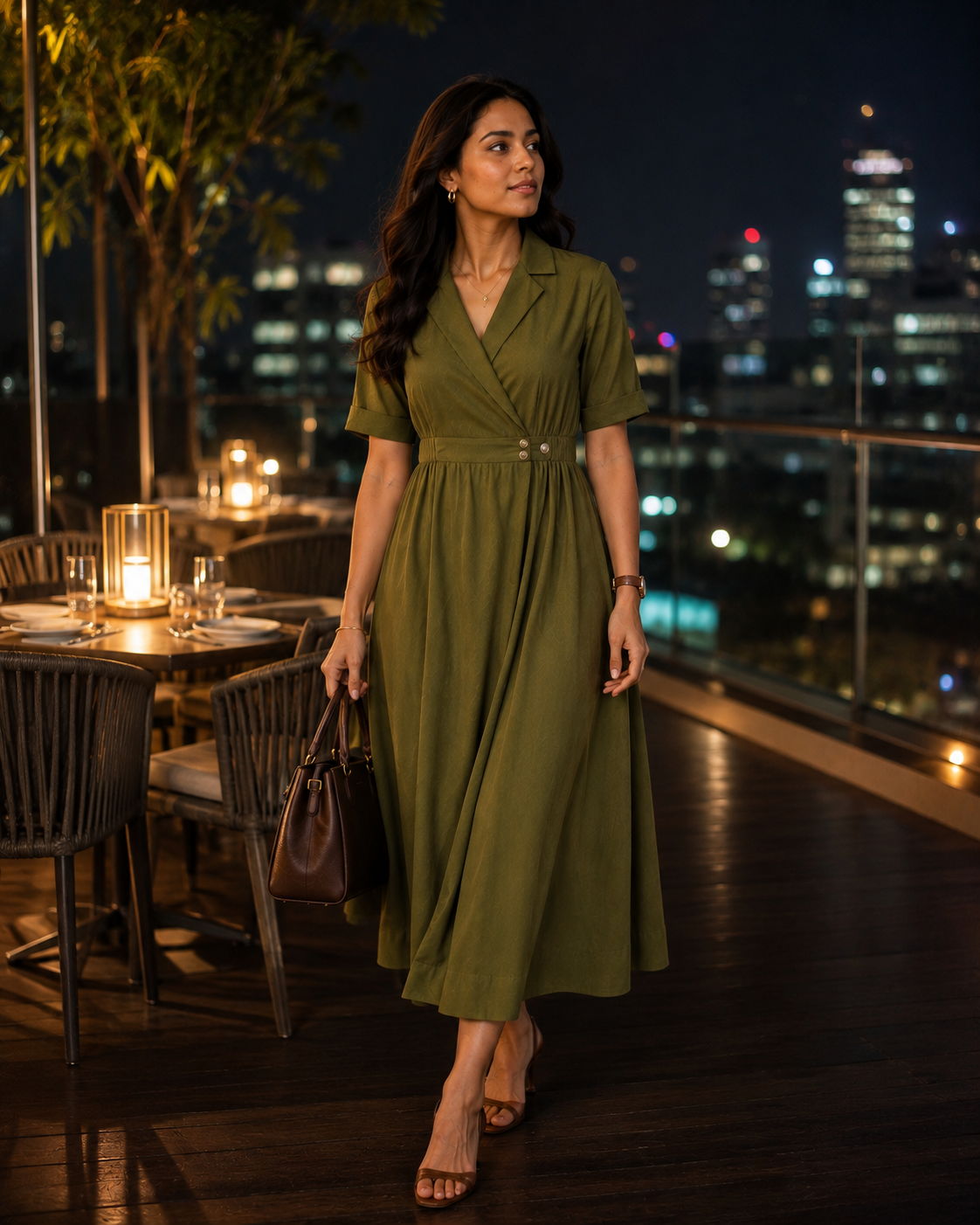 Olive Rayon Blazer-Style Double Button Midi Dress