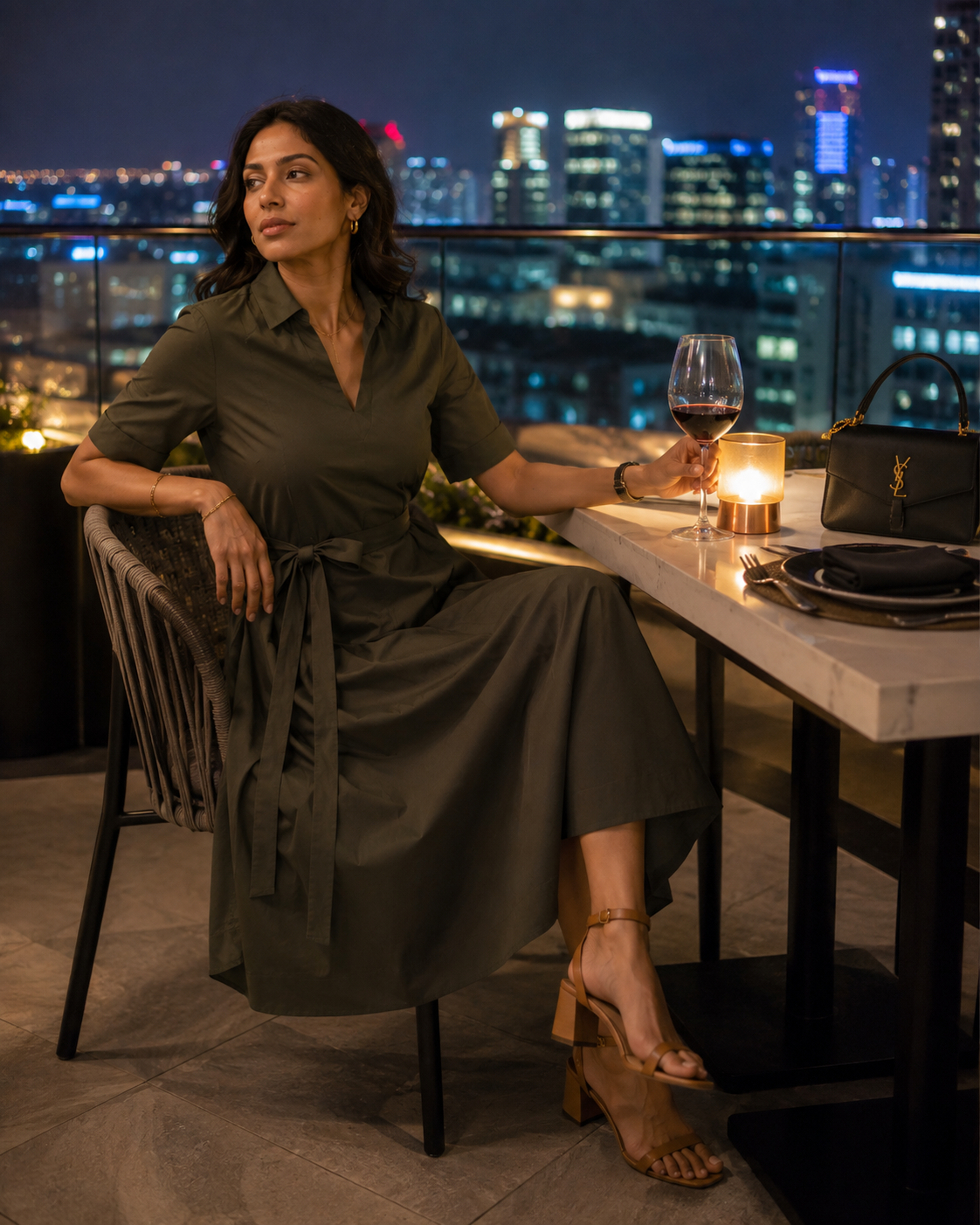 Forest Green Cotton Shirt Collar Belted Midi Dress