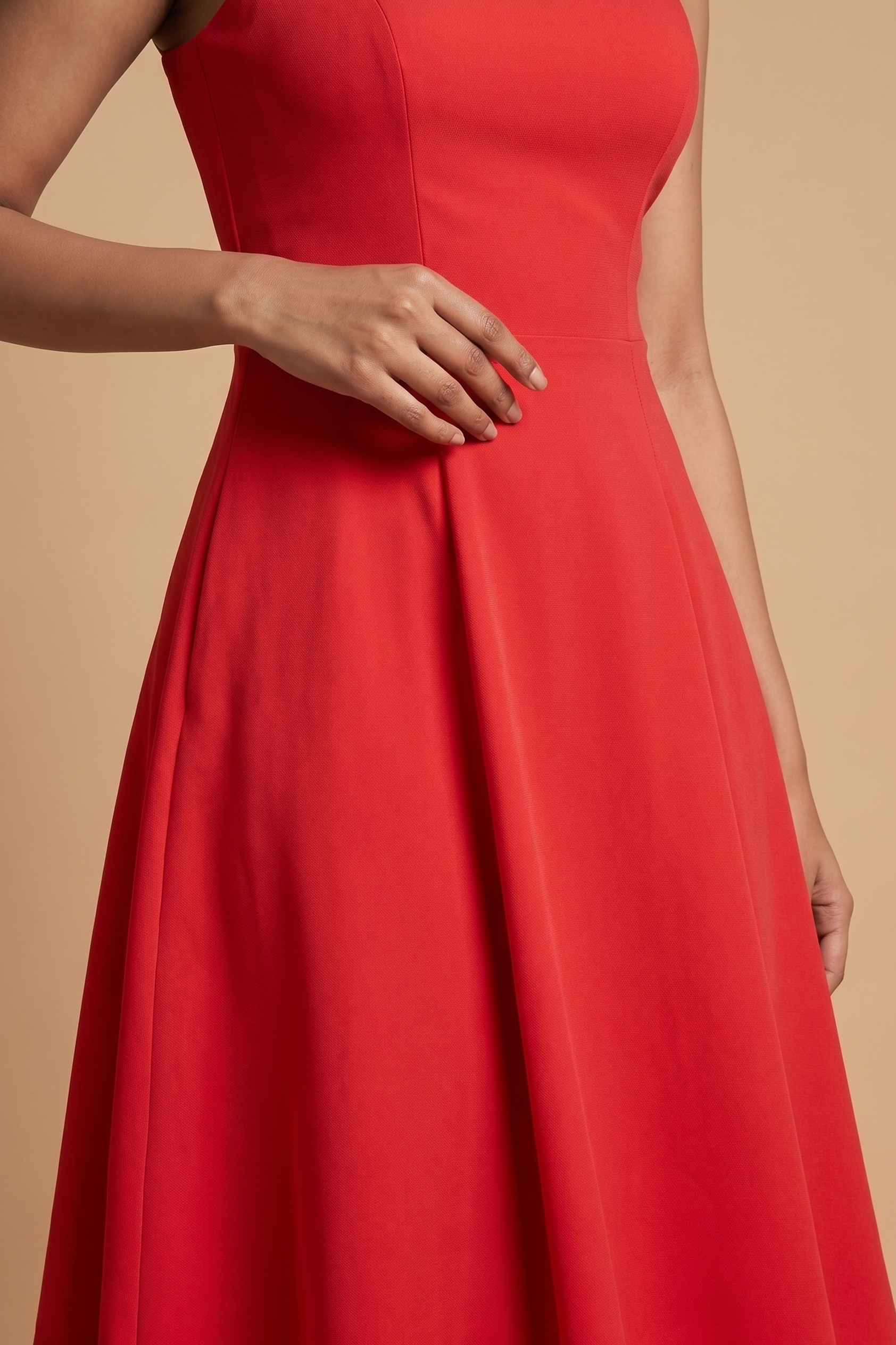 Red Cotton Square Neck Flared Midi Dress